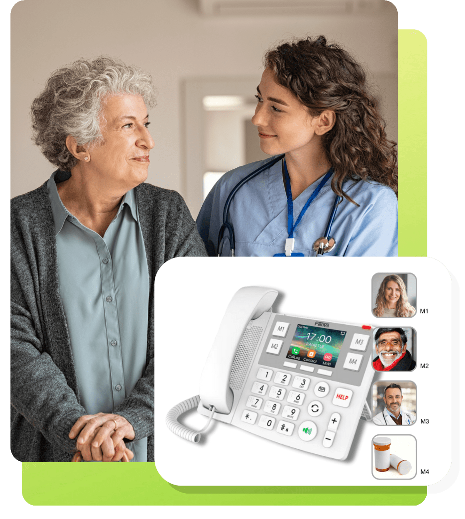 nurse helping patient with phone with easy to use interface for elderly