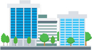 Cartoon drawing of a city skyline/office buildings