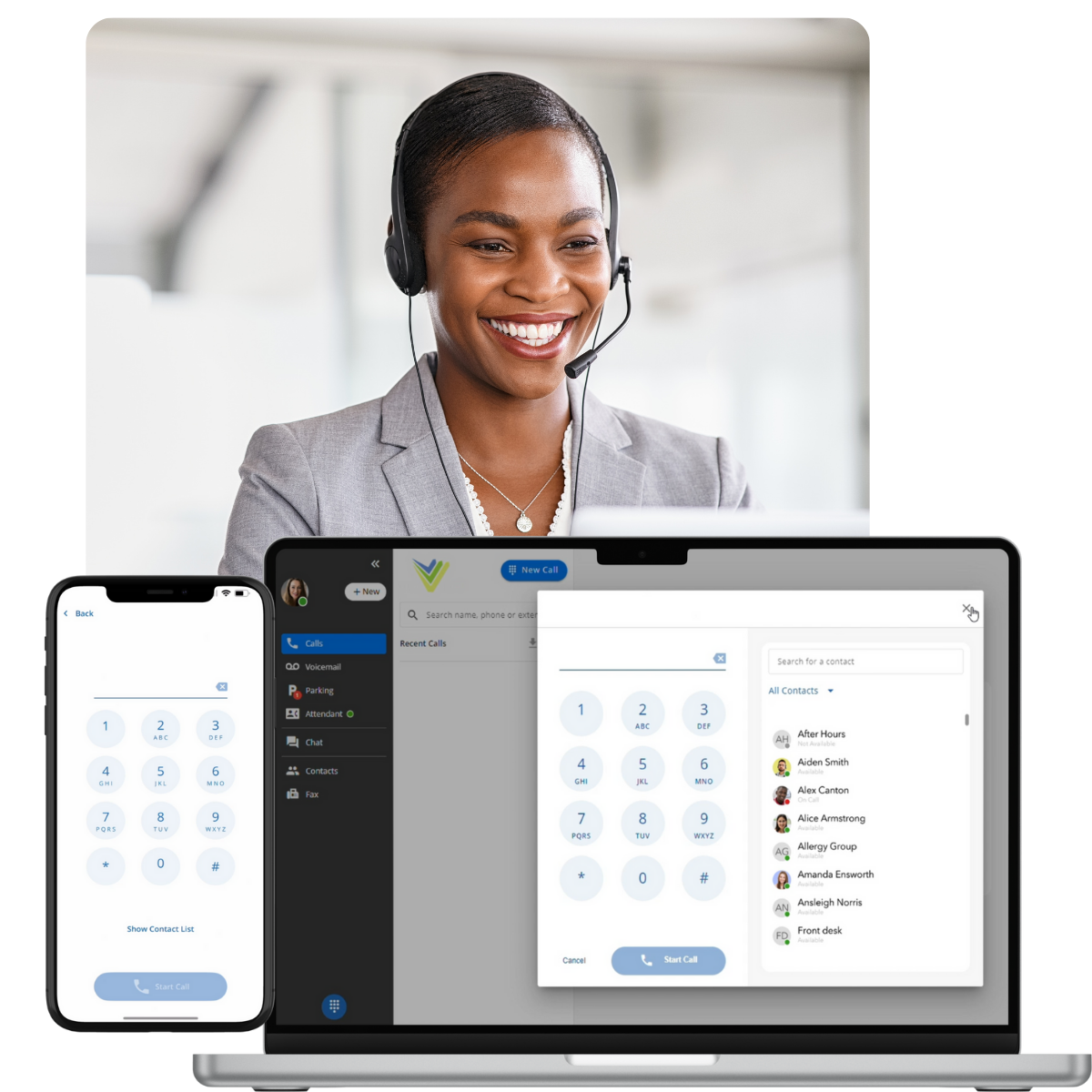 woman working with headset on mobile and desktop business phone service