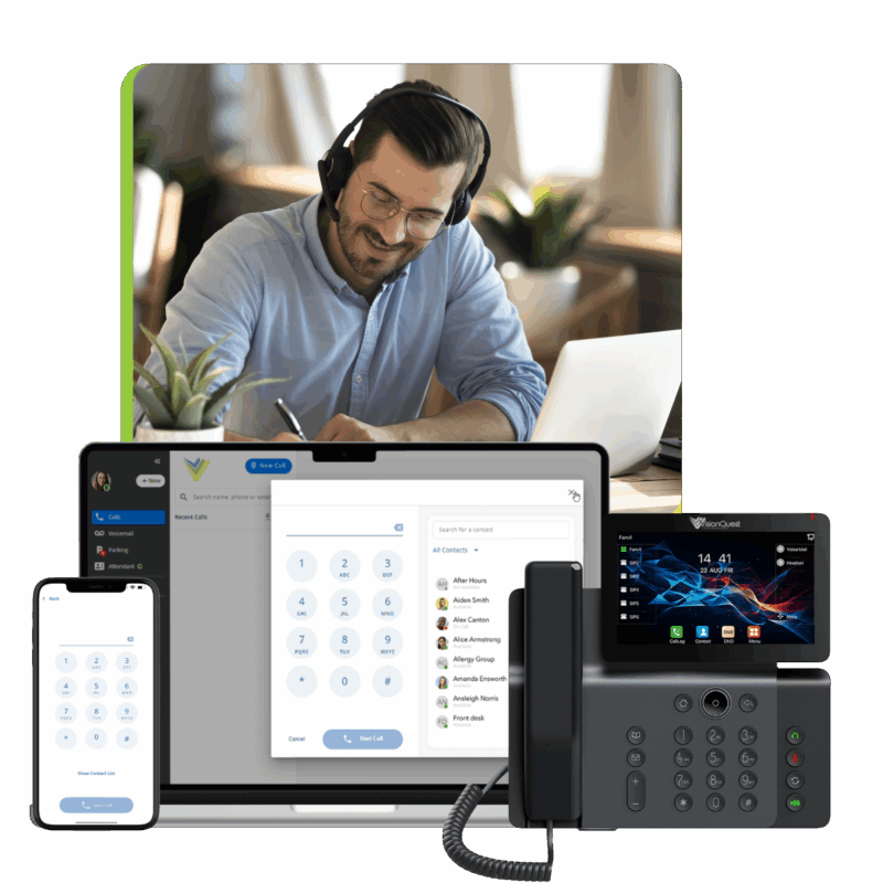 Professional working from home using VQTech unified communications platform on laptop, smartphone, and desktop phone displaying integrated calling, voicemail, and contact management features with headset and calendar visible