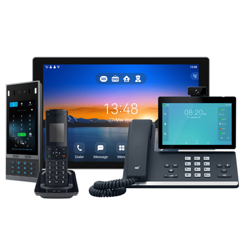 VQTech business VoIP phone system hardware including Yealink desktop phones with color touchscreens, cordless DECT handsets, and conference room devices for unified communications in Georgia businesses